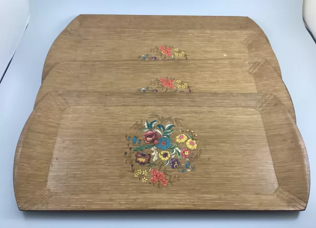 Vintage MCM 1940’s-50’s Haskelite (4) Wood Floral TV Lap Trays Some Peeling Seen