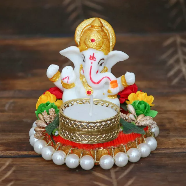 Indian traditional Lord Ganesha Idol on Decorative Plate with Tea Light Holder