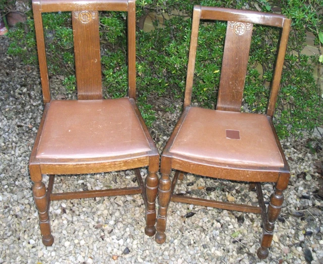 Vintage 1940/1950s? Pair of Oak Dining Chairs with Faux Leather drop in seats