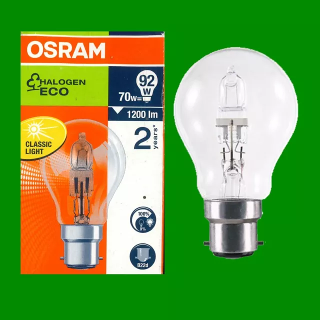 3x 70W (=92W) Osram Clear Dimmable Halogen GLS Light Bulbs, BC B22 Lamp 2800K