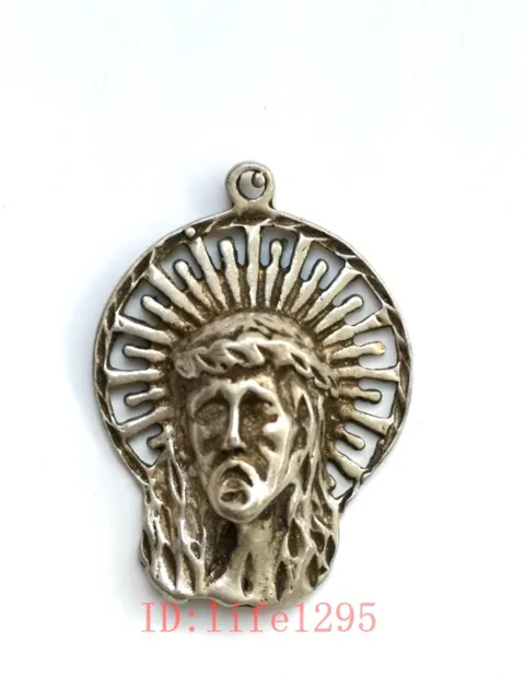Old Chinese Tibet Silver Handmade Jesus head Statue Amulet necklace Pendant Gift