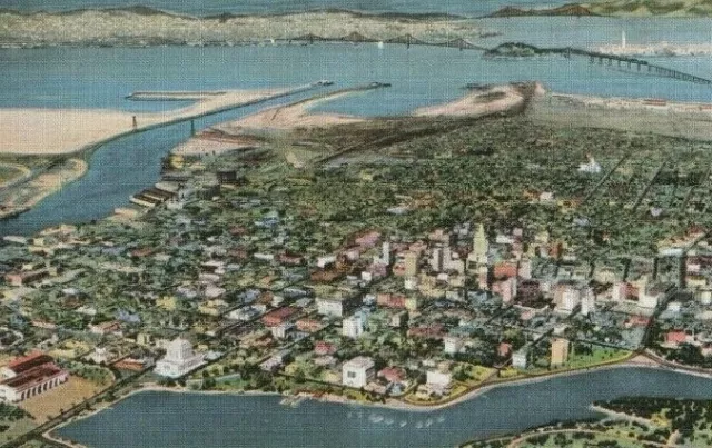 Airview Downtown Oakland Aerial Lake Merritt CA Vintage 1940s Linen Postcard