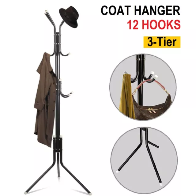 12 Hook 3-Tier Hat Coat Clothes Rack Umbrella Stand Tree Style Steel Hanger Kit