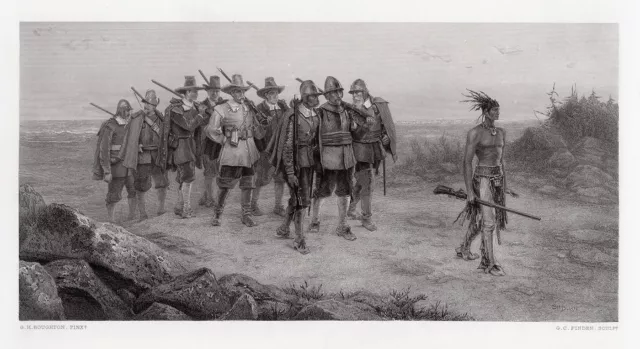 1800s GEORGE HENRY BOUGHTON Engraving" The March of Miles" SIGNED Framed COA