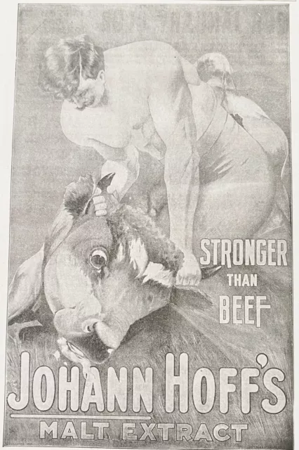 1898JOHANN HOFF'S Malt Extract Vtg Quackery Print Ad~Man Wrestles Beef Steer Cow