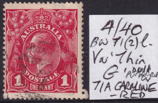 Australia, KGV, 1914, 1d Red, Single Wmk, Major Variety 4/40, 71A, Used.