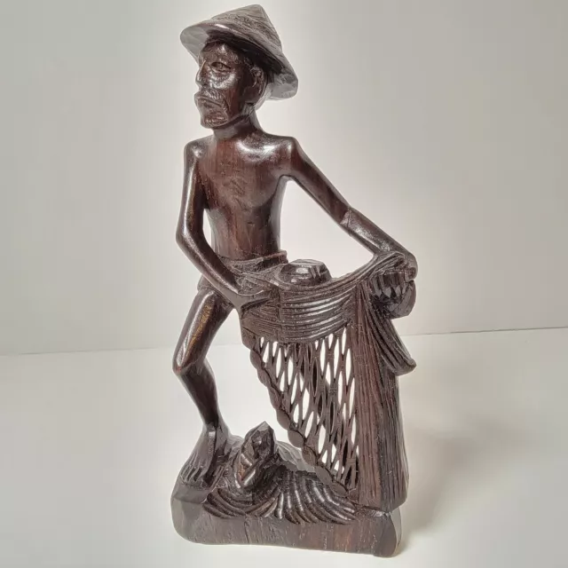 Vintage Hand Carved Wooden Fisherman Casting Net Approx 8" Tall Asian Art