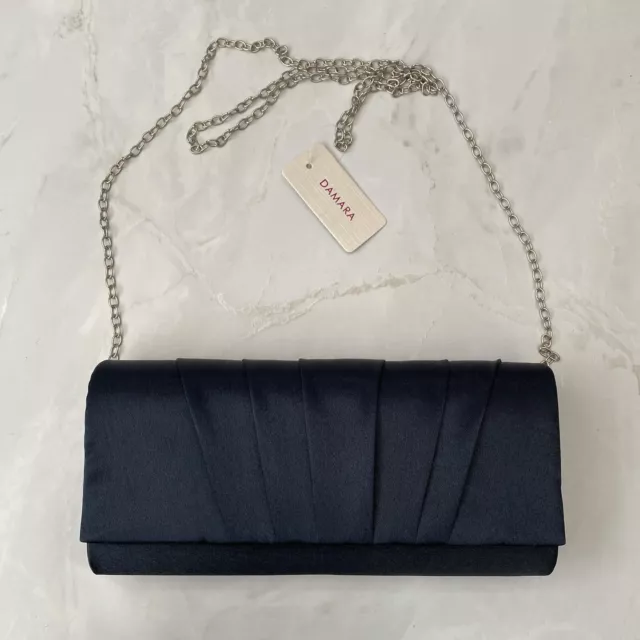 Womens Damara Navy Blue Satin Clutch Bag Chain Bridal Wedding Party Handbag