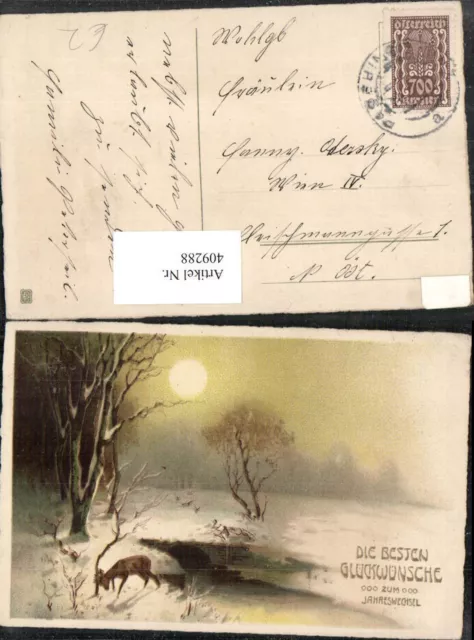 409288,Künstler AK Neujahr Winterlandschaft Reh Mondschein