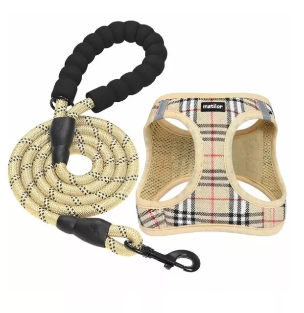 Matilor Dog Harness Step-in Vest Leash Breathable Puppy Cat Dog Brown Plaid Med