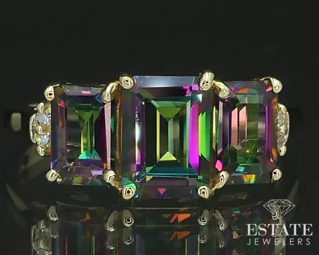 10k Yellow Gold Emerald Natural Mystic Topaz & Diamond Ladies Ring 2.4g