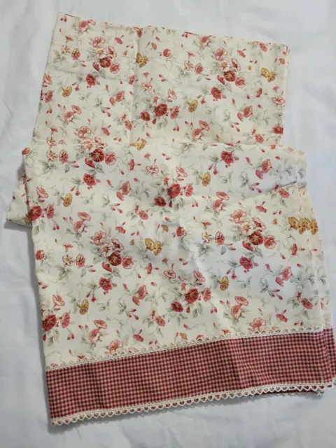 Waverly Garden Room Curtains 2 Cream w Red Flowers Red Gingham Border 30 x 36"