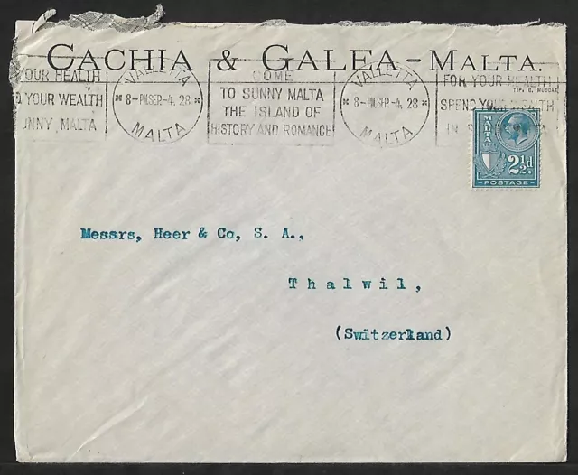 MALTA TO SWITZERLAND 2½d ON COMMERCIAL COVER 1928