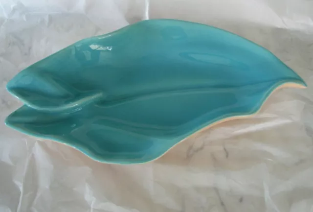 Large 16" Catalina Pottery Leaf Dish Turquoise & Mauve Mid Century Modern