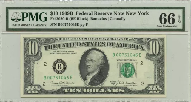 1969B $10 Federal Reserve Note New York Fr# 2020-B PMG Gem 66 EPQ