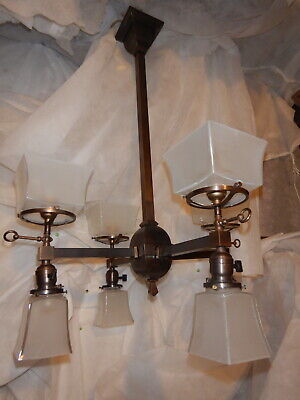 Mission Arts & Crafts Gas & Electric Combo Brass Chandelier Etch Shade-8 Light