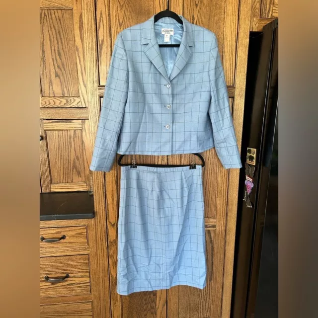 Vintage Pendleton Light Blue Green Plaid Skirt Suit Set Blazer 100% Virgin Wool