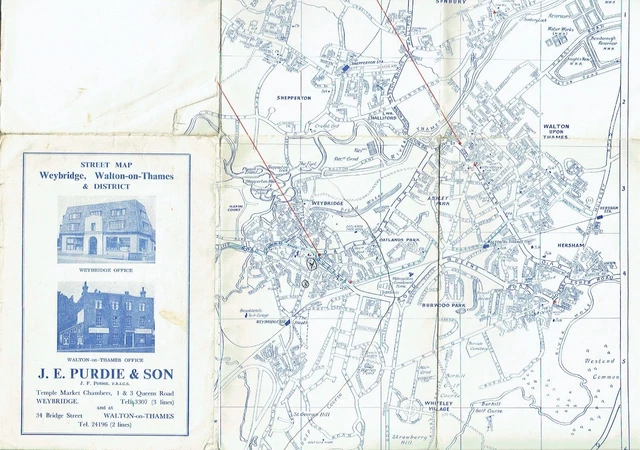 Weybridge, Walton-on-Thames and District Street Map (JE Purdie &Son), rare,