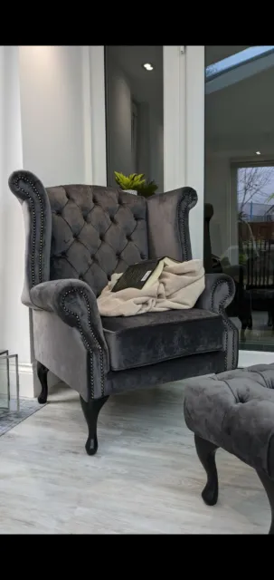 Luxury UK Handmade Suede Chesterfield Armchair + Matching Footstool GREY NEW