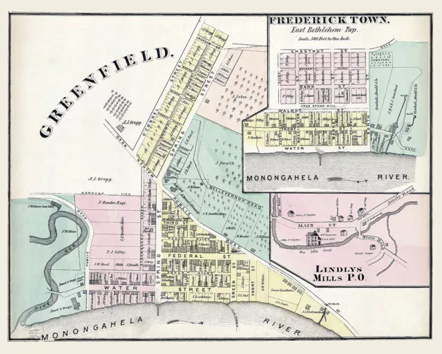 1876 Map of Fredericktown Washington County Pa Greenfield