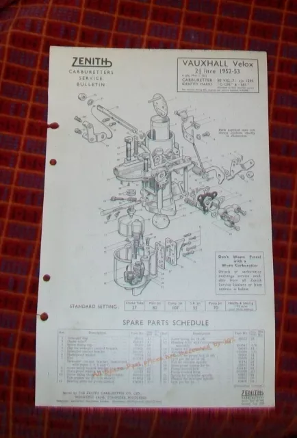 Vauxhall Velox 21/4 1952/3 Zenith 30Vig-7 Carburetter Spare Parts List Technical