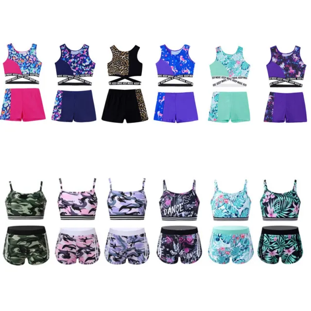 Kids Girl Active Sport Dance Outfit Crop Tops Athletic Shorts Set Gym Tracksuit