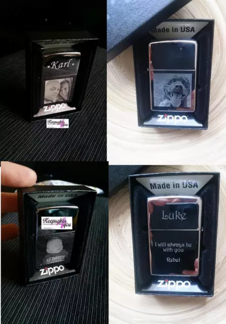 PHOTO & TEXT ENGRAVED GENUINE ZIPPO LIGHTER CHROME POLISHED - personalised <3