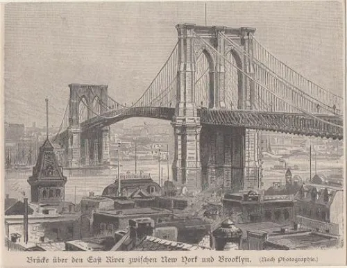 Orig. Holzstich - Brücke über den East River zwischen New York und Brooklyn.