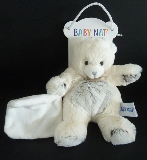 D. DOUDOU PELUCHE BABY NAT OURS FLOCONS mouchoir blanc beige chiné 21c NEUF