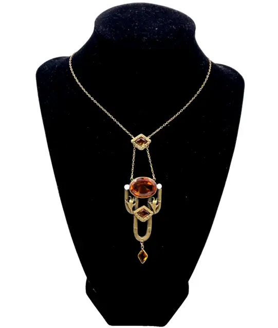 Antique Art Deco Art Nouveau Necklace Citrine Crystal Brass Pendant Chain Choker