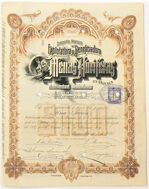 Mining Stock Bond 1895 Mexico Auriferas 100 Pesos #12147