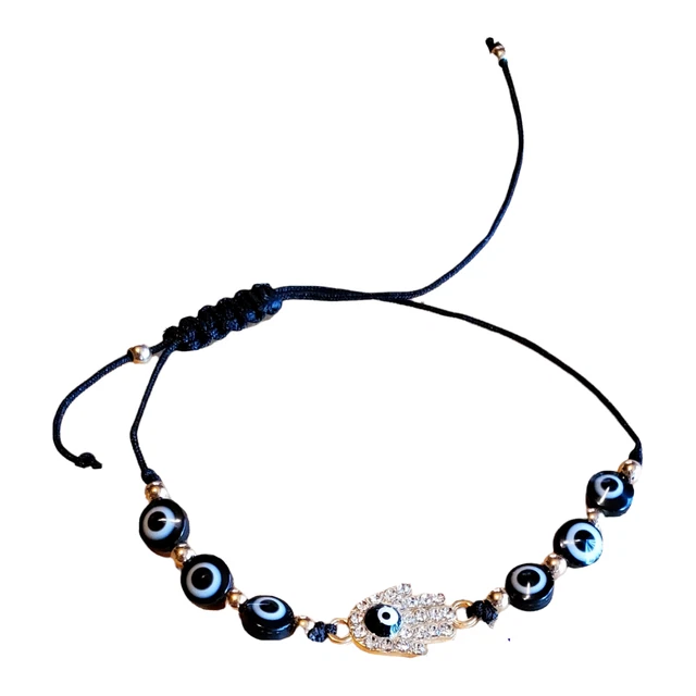 Black Evil Eye Hamsa Bracelet, Protection, Bracelet, Anklet, Slide Knot