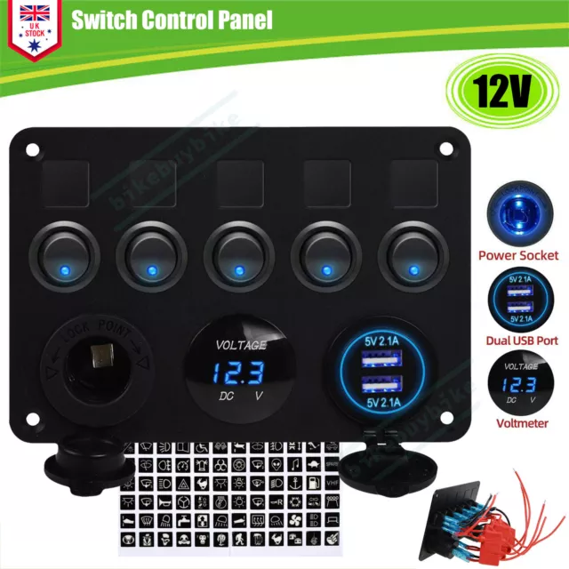 5 Gang 12V LED Light Switch Control Panel Camper Van RV Voltmeter 2-USB Charger