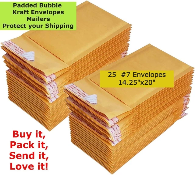 25 #7 14.25X20 Kraft Paper Bubble Padded Envelopes Mailers Case 14.25"X20"