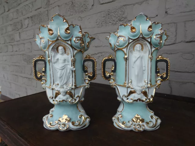 pair antique old paris porcelain vases with niche saint figurines religious