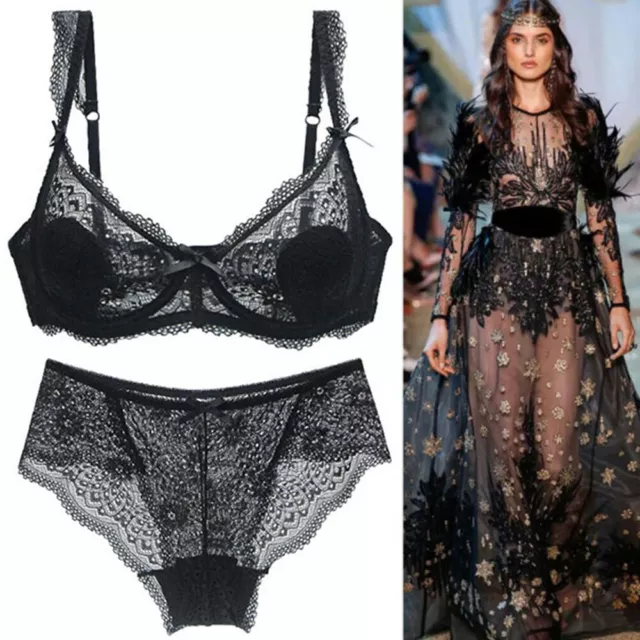 Women Sheer Lace Embroidery Ultra-thin Bra Sets Knicker Lingerie Pants  32-42ABCD