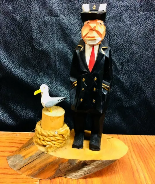 Vintage ~ Hand Carved wood ~ SEA CAPTAIN with Sea Gull, Figurine ~ Statue