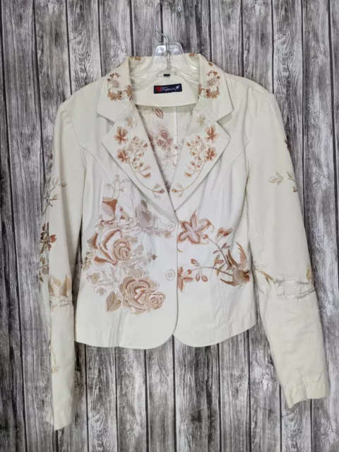 Women's Ivory 2-Button Cotton Blazer Jacket W/ A Gold Tone Embroidery Size 2