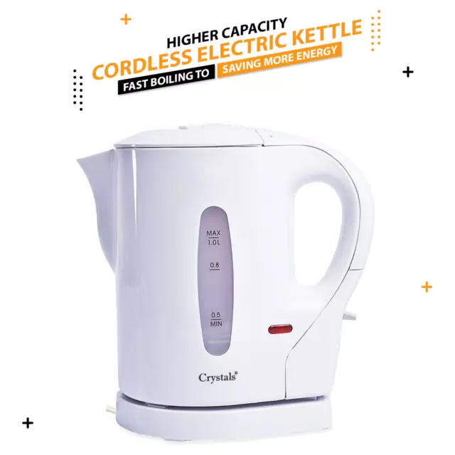 830W 1 Litre Electric Cordless Kitchen Kettle Caravan Travel Hot Water White Jug