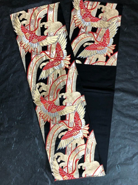FUKURO Obi Silk Japanese Kimono Vintage Woven Woman Belt Crane Black Gold 2