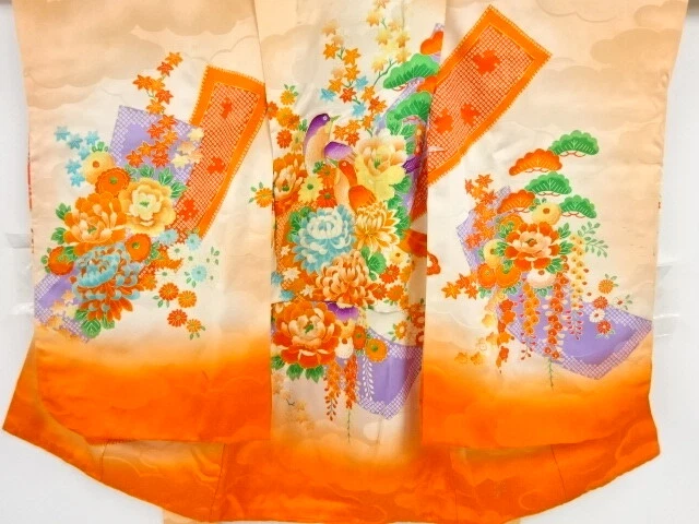 42702# Japanese Kimono / Antique Kimono For Girls / Embroidery / Mandarin Duck &