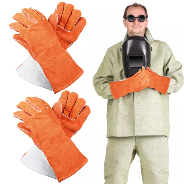 2pairs Leather Material Long Sleeve Wear Resistant BBQ Durable Welding Gloves
