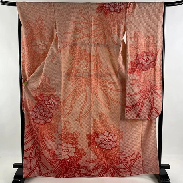 Japanese Kimono Furisode Pure Silk Flower Full Dyed Cloth Salmon Pink Color