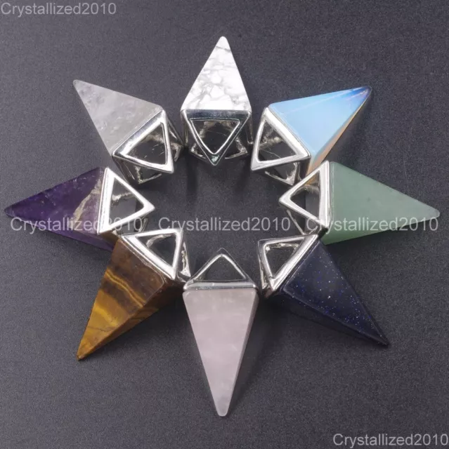 Natural Gemstones Amethyst Crystal Pyramid Pointed Reiki Chakra Silver Pendant