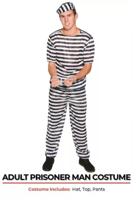 Mens Prisoner Costume Convict Jail Outlaw Black White Stripe Jumpsuit Halloween