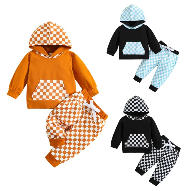 Toddler Baby Boys Hoodie Plaid Outfit Long Sleeve Hooded Sweatshirt Pants Set