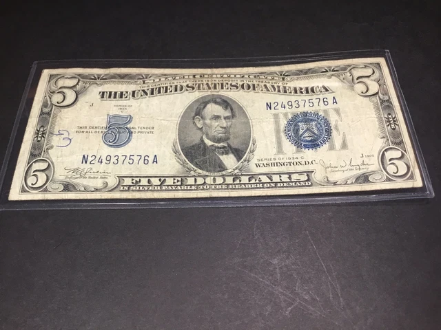 1934-C SERIES $5 Silver Certificate Blue Seal-7576 A