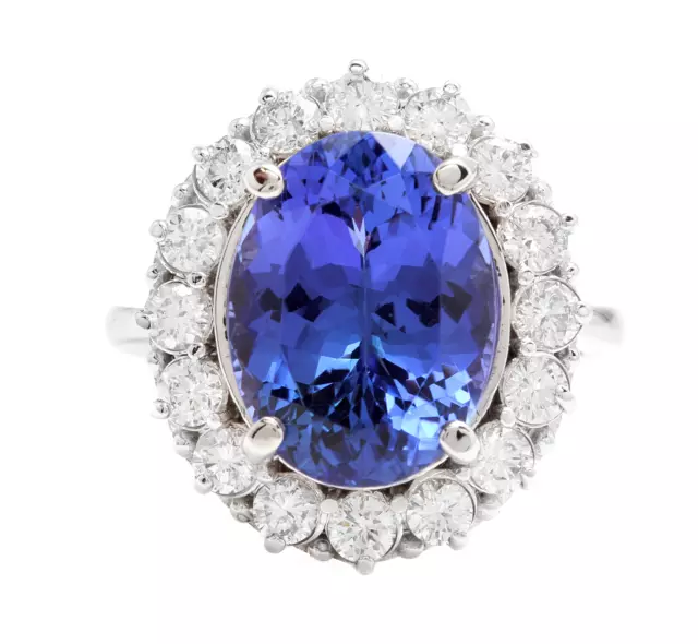 9.90 Carats NATURAL TANZANITE and DIAMOND 18K Solid White Gold Ring