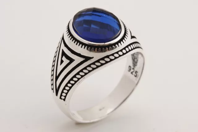 Turkish Style Handmade Jewelry Oval Sapphire 925 Sterling Silver Men's Ring