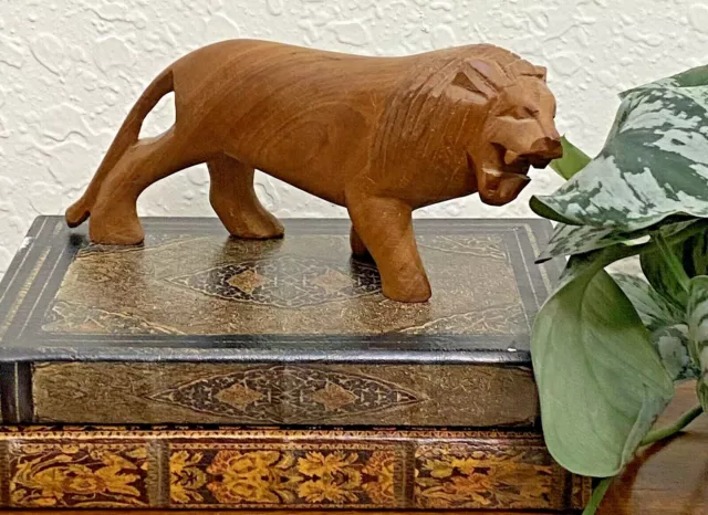 Roaring Hand Carved Lion Folk Art Wood 7” Decor Wildlife Statue Primitive